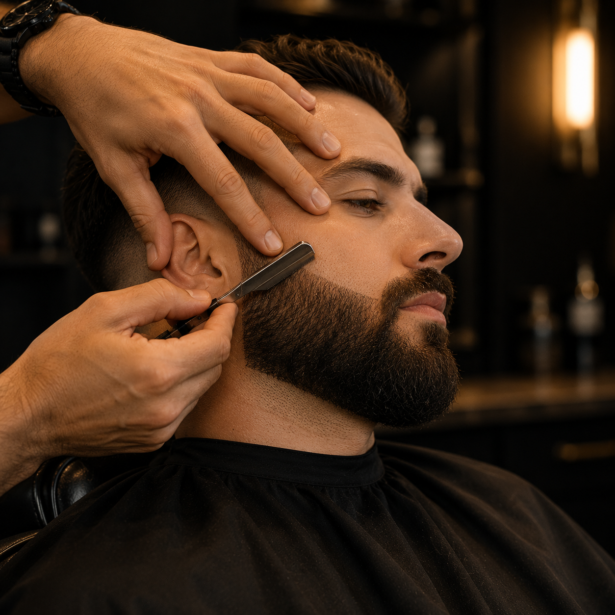 A beard being shaped with a straight razor
