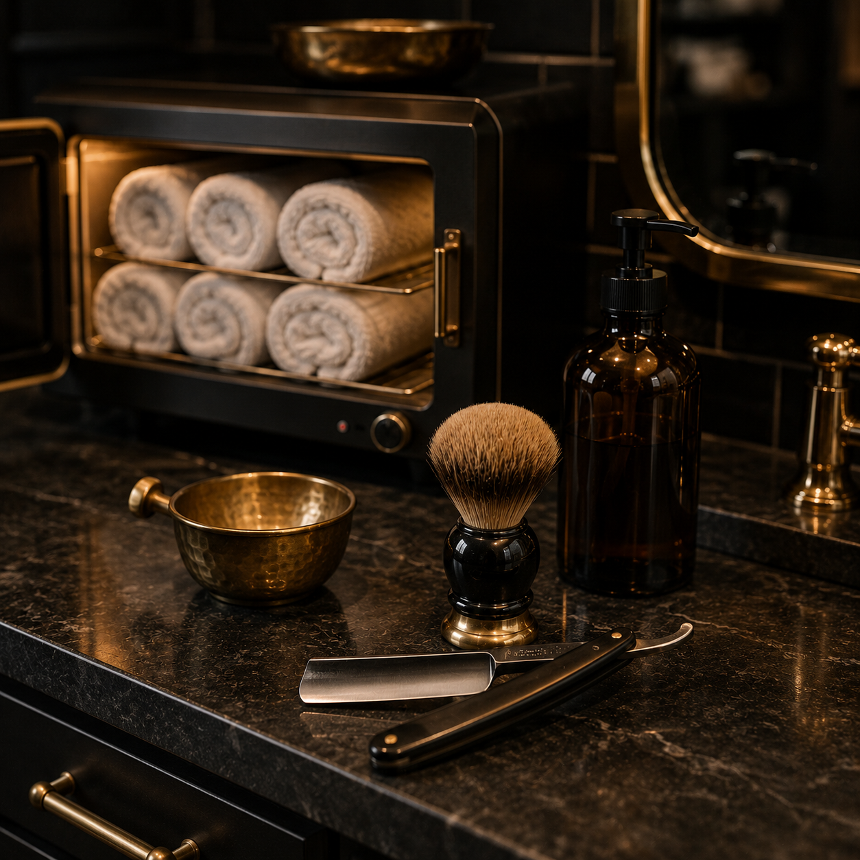 Hot towels and grooming tools at a barber station
