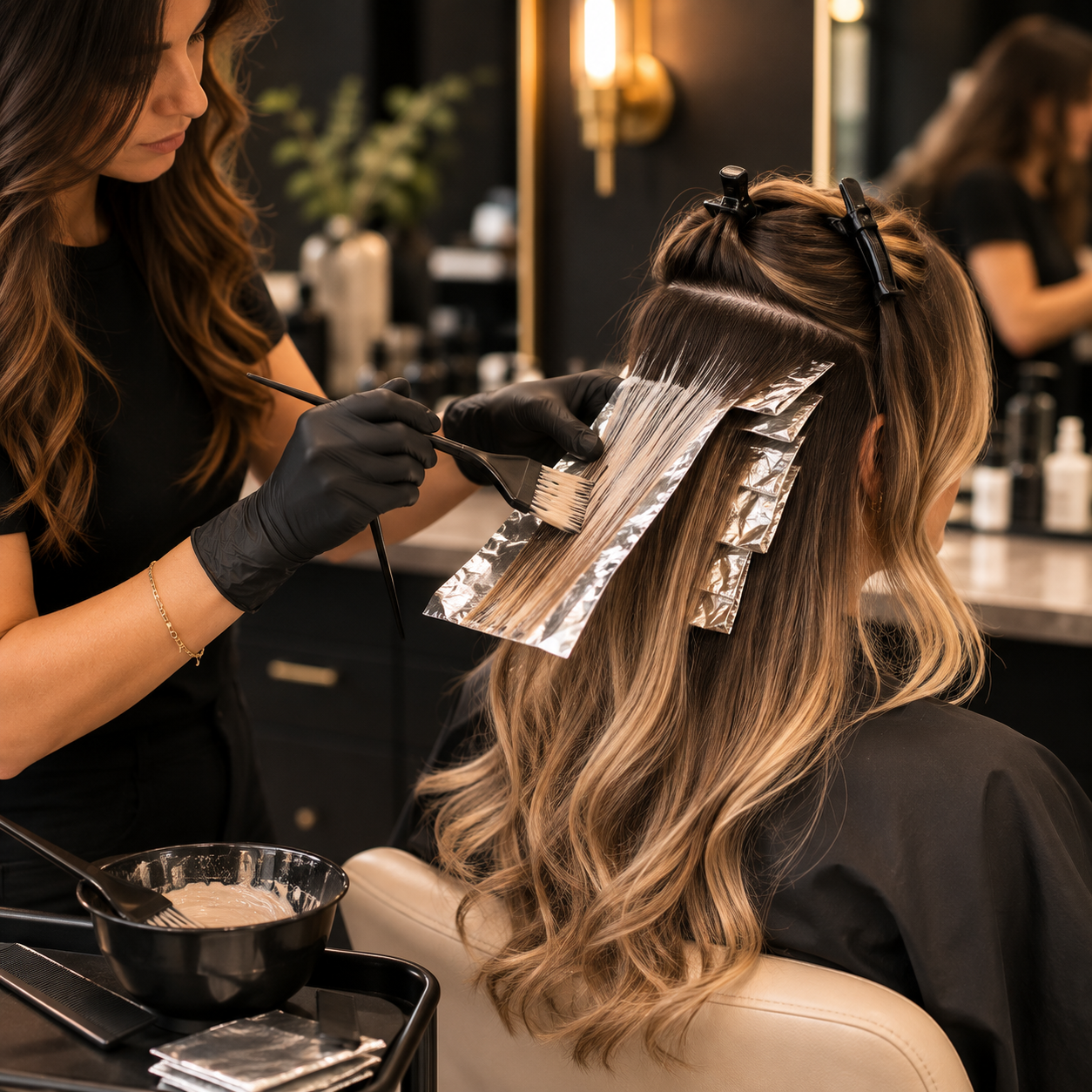 Color being applied to sectioned hair