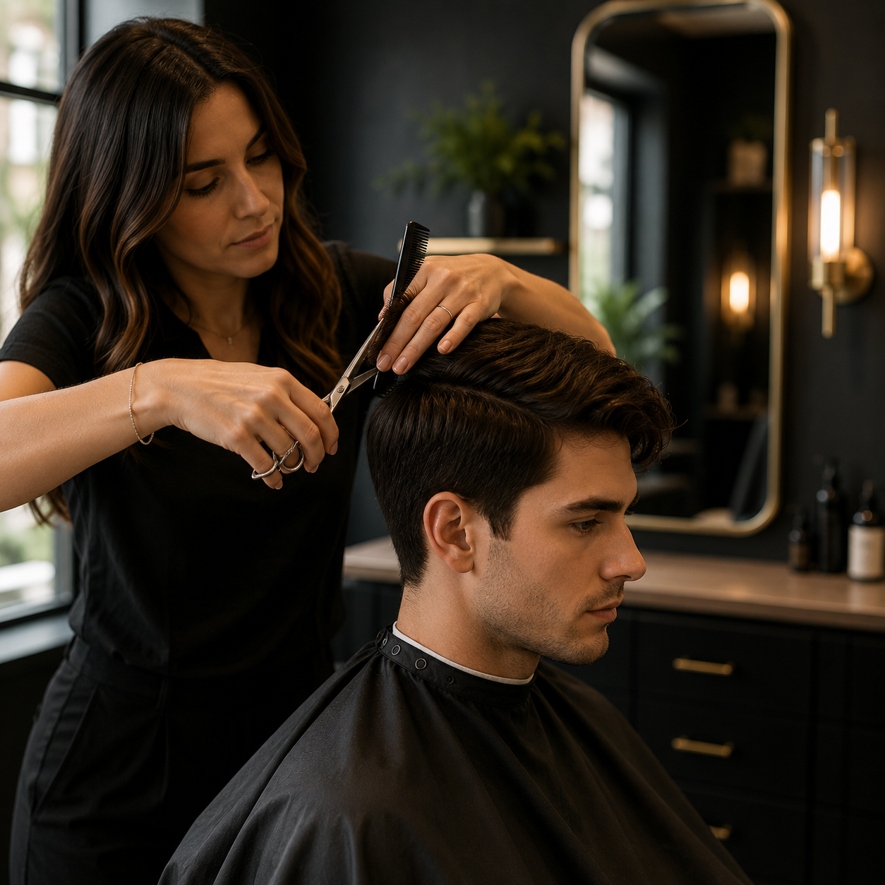 A men's salon haircut being finished with scissors