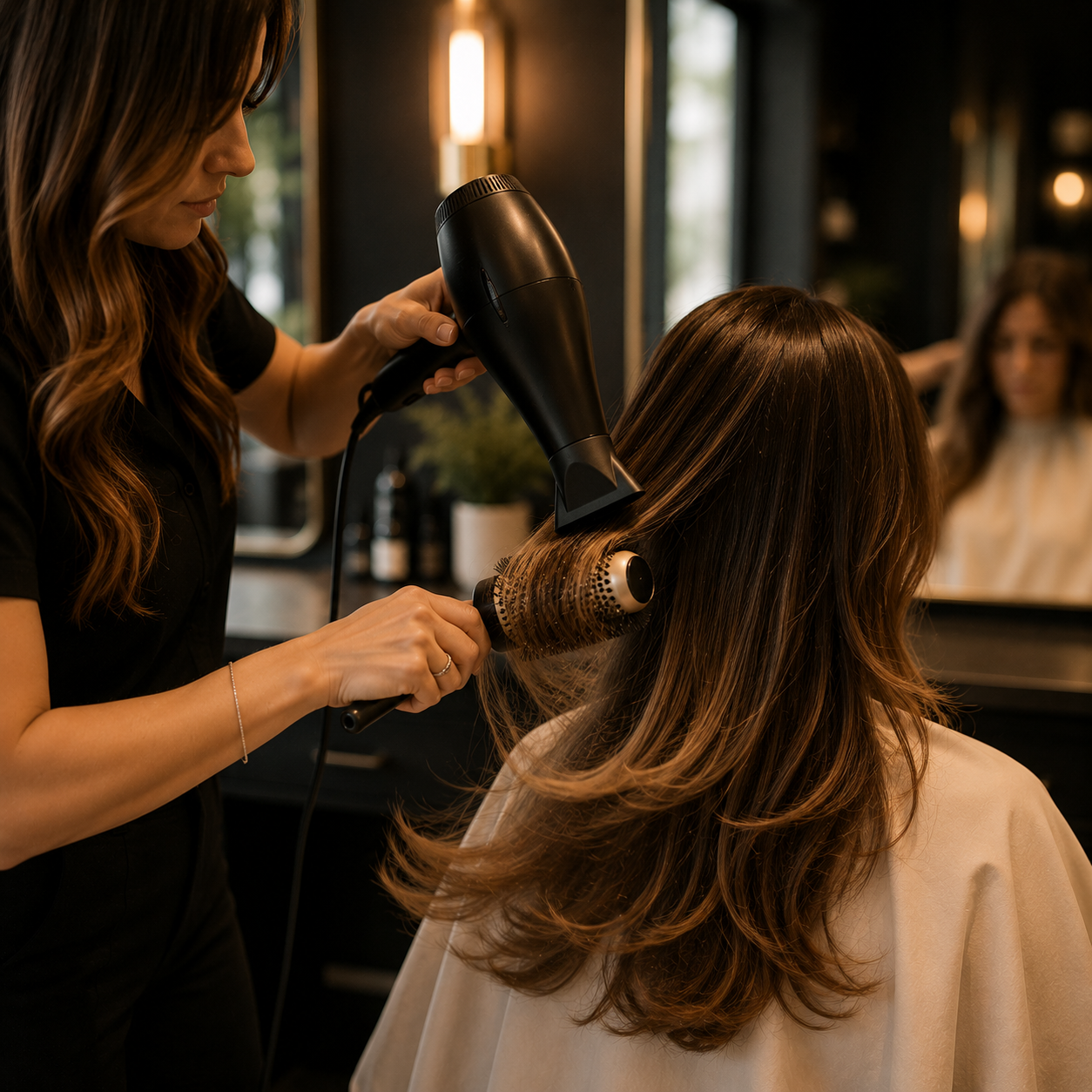 A round-brush blow-dry in progress