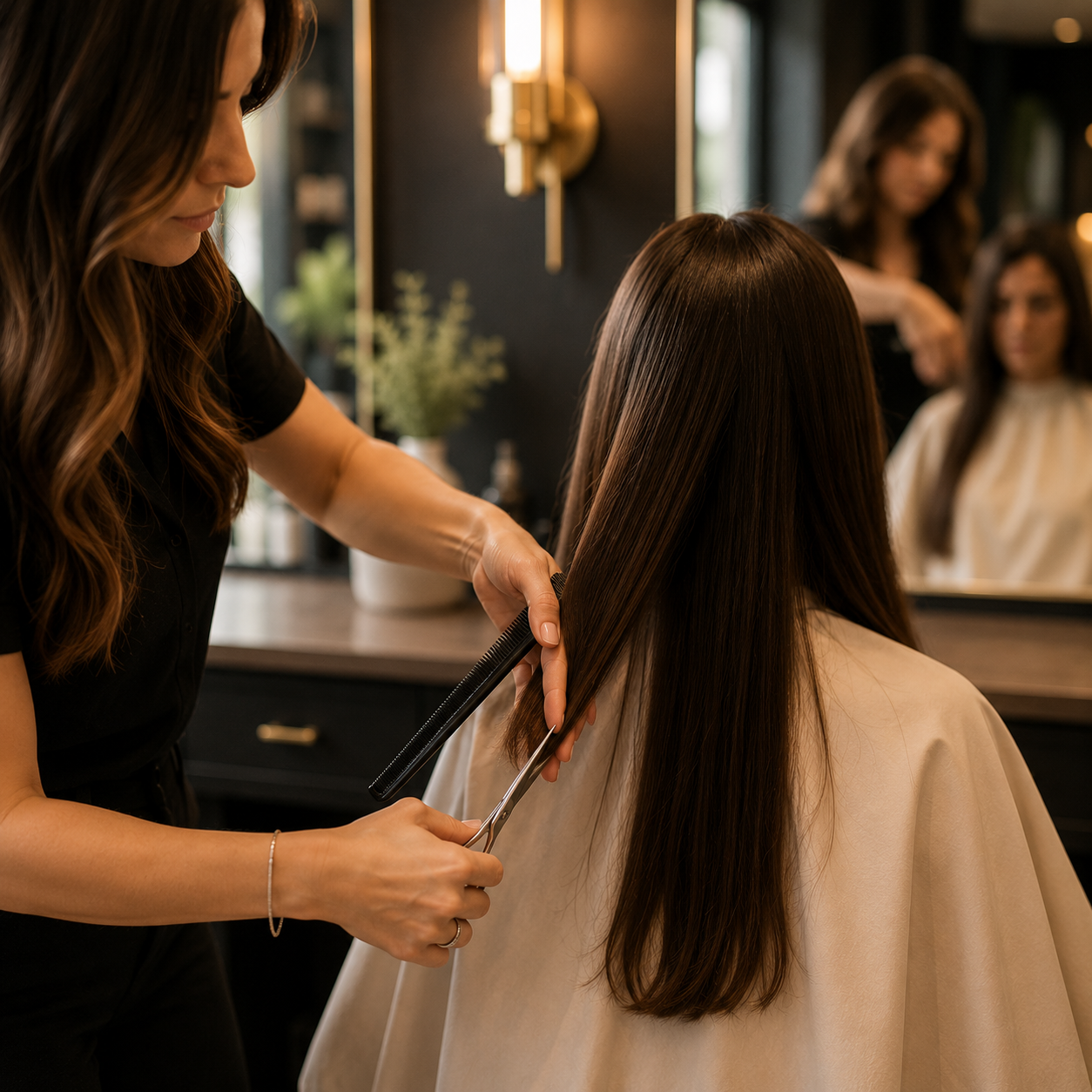 Long hair being cut and styled at a salon station