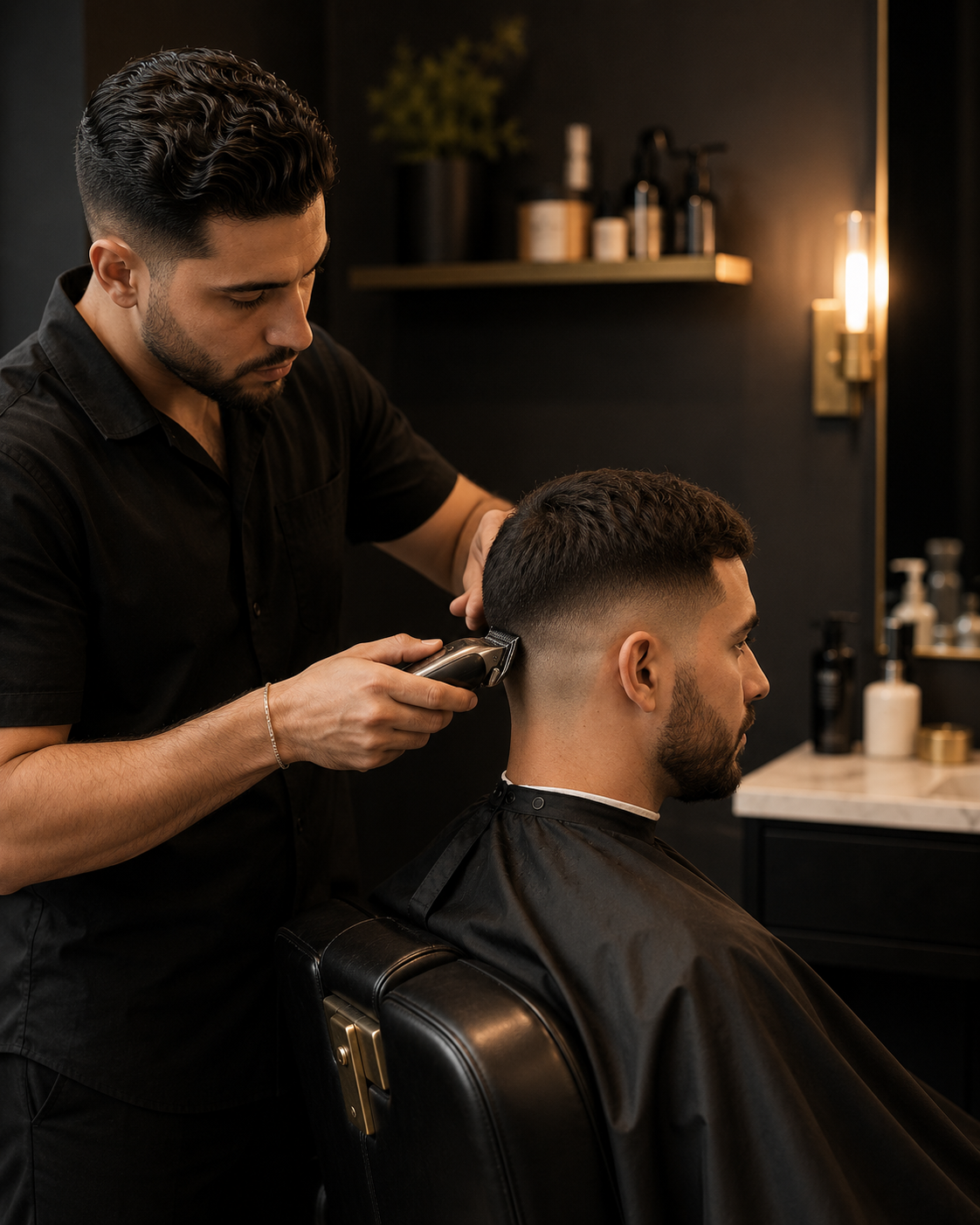 A barber working a fade at the barber chair