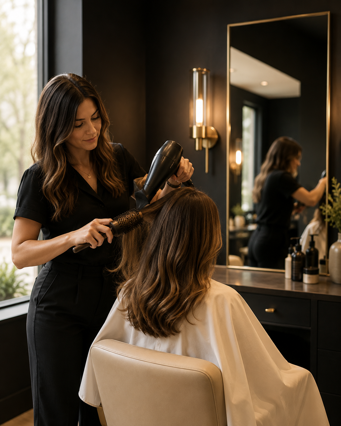 A stylist finishing a blow-dry at a salon station
