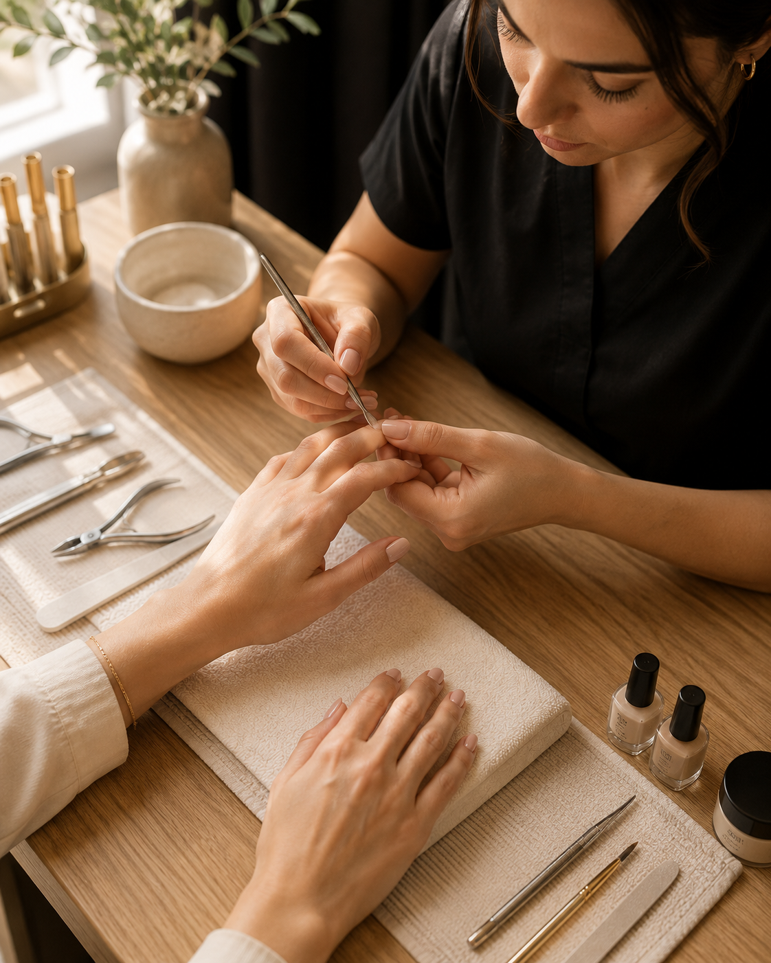 A manicure in progress at a nail station