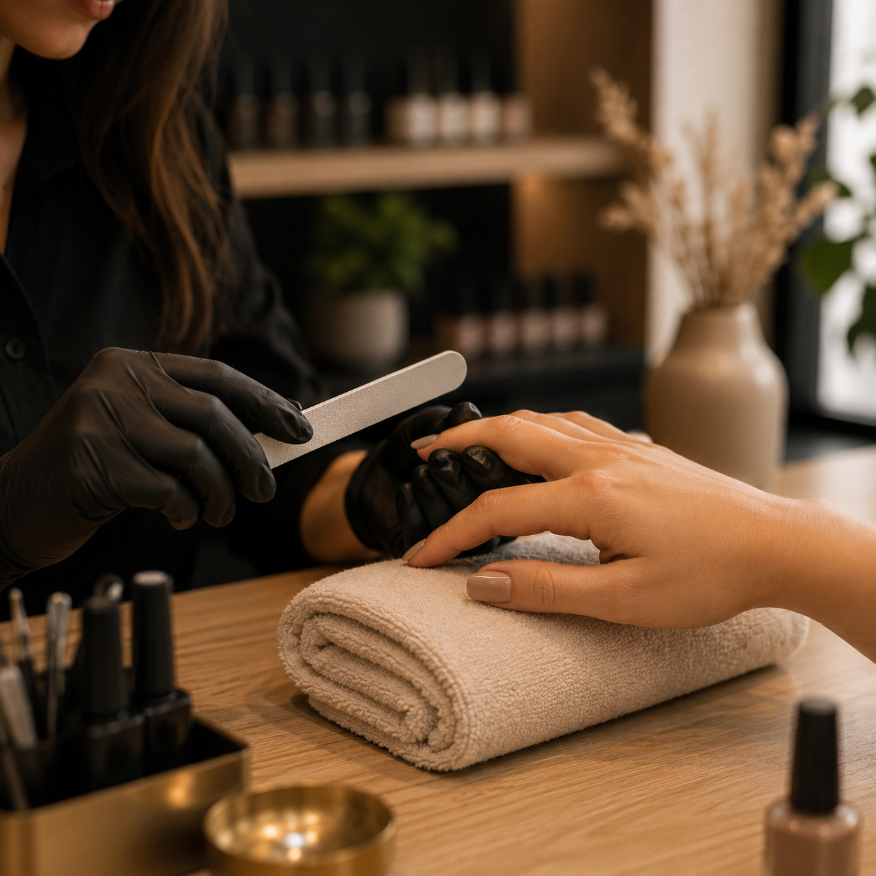 A manicure in progress at a nail station