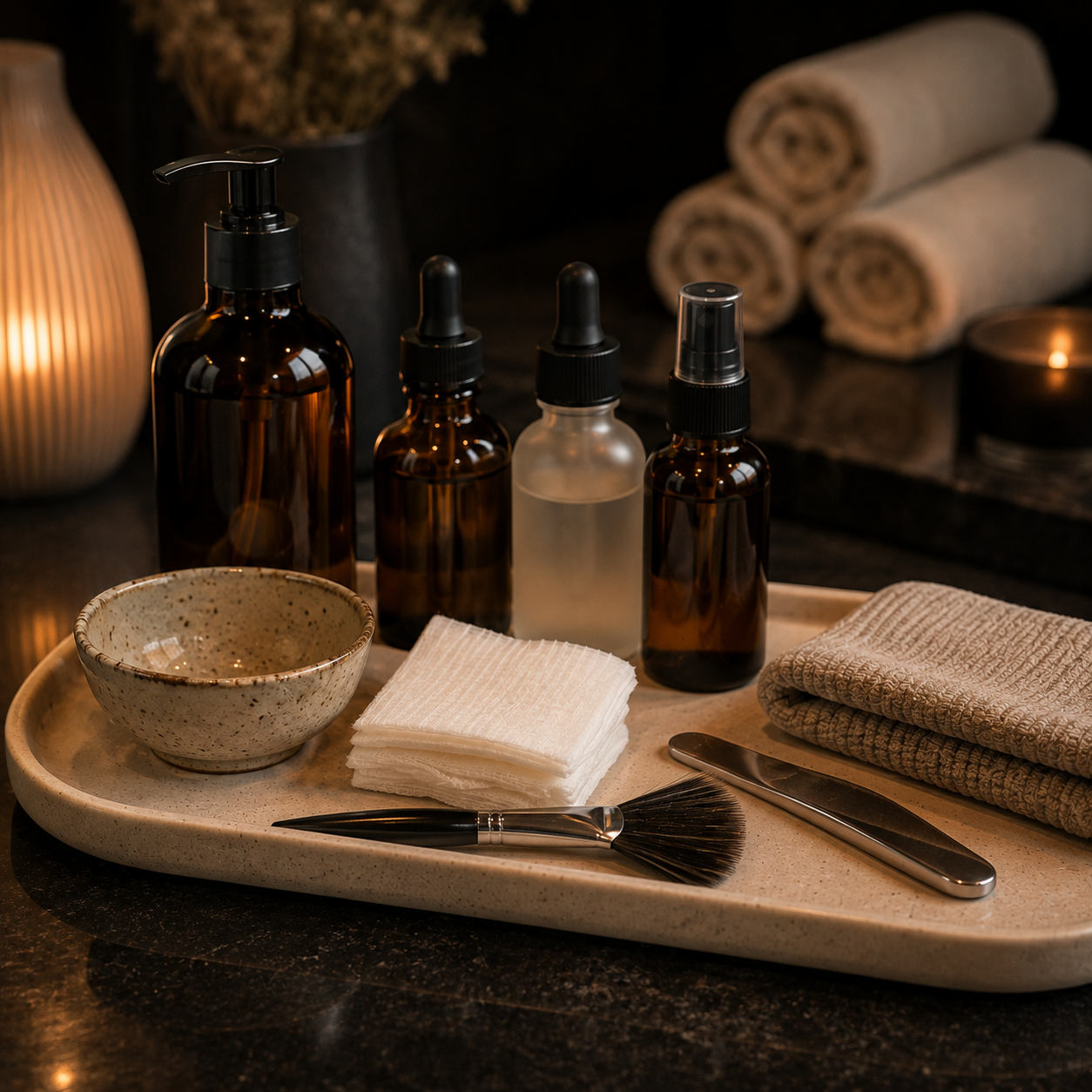 Skincare products arranged on a treatment tray